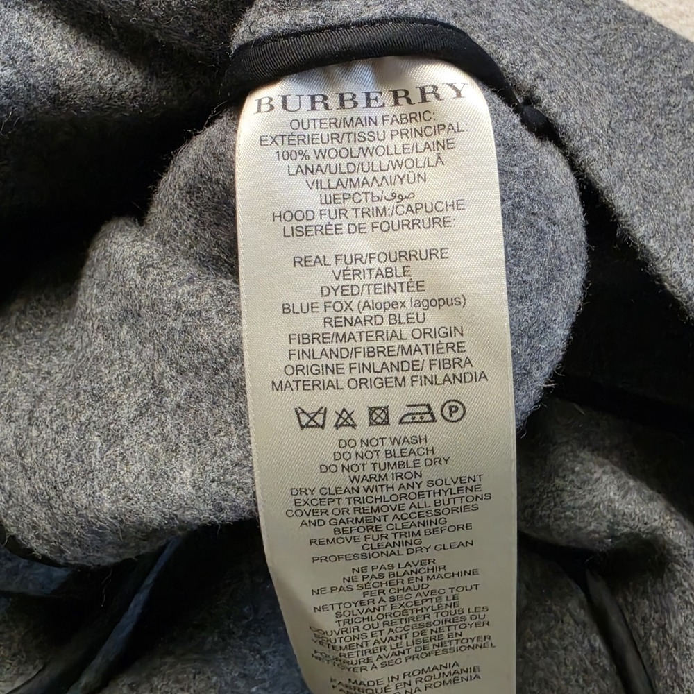 Burberry‎ Brit Gray Plaid Wool Duffle Coat Blue Fox Fur Hood Womens US 10 IT 44 - Picture 12 of 16